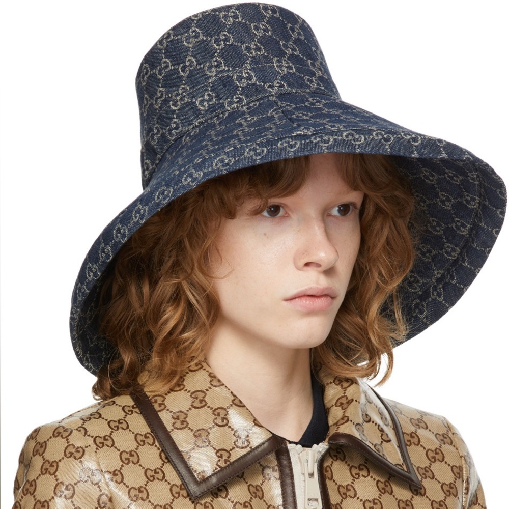 Navy Blue Jacquard Denim Monogram Wide Large Brim Bucket Hat Beach New Sun Cover - Picture 3 of 15